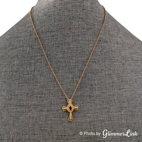 STS Karis Dark Blue Sapphire Religious Cross Gold Plated Pendant Necklace - Picture 3 of 13